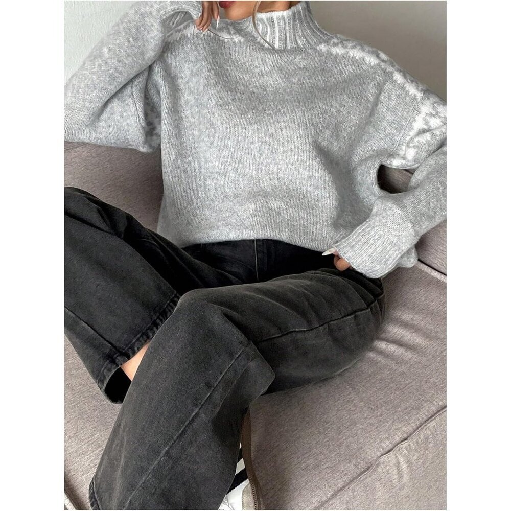 Women's Apricot High Neck Cozy Loose Knitted Long Sleeve Sweaters - Picture 6 of 6